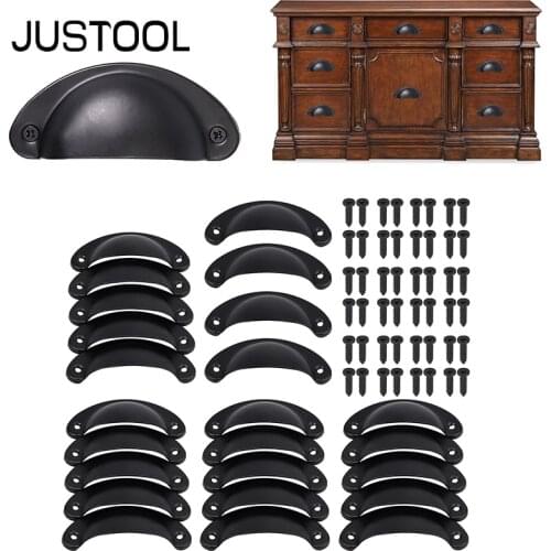 JUSTOOL 24 Pcs Home Kitchen Cupboard Drawer Shell Pull Handle Furniture Draw Pull Handles Cast Iron Antique Look Black Hardware