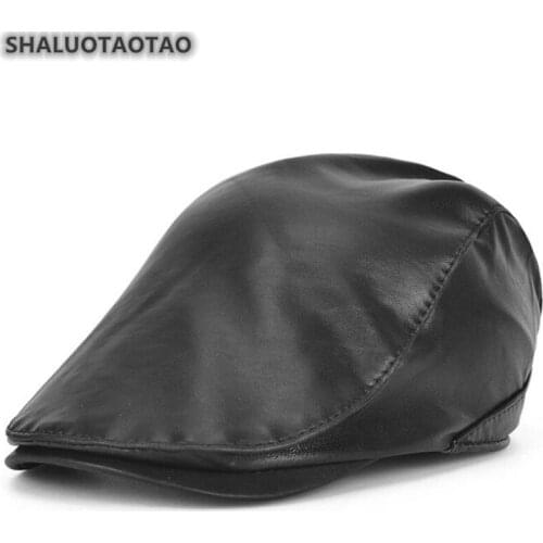 SHALUOTAOTAO Quality Fashion Sheepskin Berets For Mens Autumn Winter Thin Genuine Leather Hat Elegant Snapback Tongue Cap New