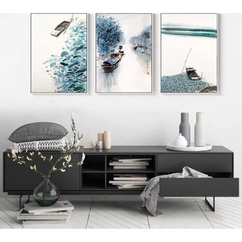 Traditional Chinese Style Picture Pond Lotus Leaf Boat Scenery Canvas Painting Wall Art Poster and Prints Modern Home Decoration