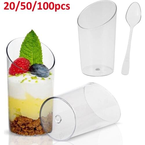 20/50/100pcs Plastic Dessert Cups Round Parfait Cups with Spoons Clear Slanted Parfait Cup for Cake Souffle Jello Party Supplies