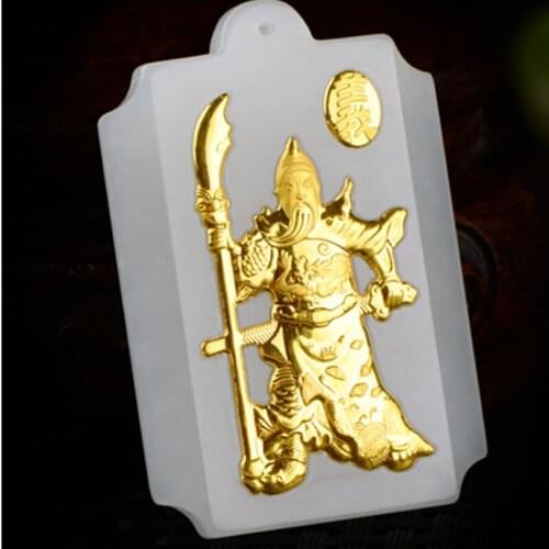 Pure 24K Yellow Gold Natural Jadeite Carved Guangong Pendant
