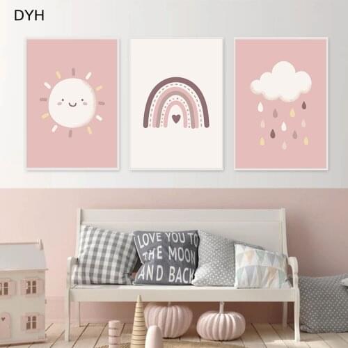 Cute Blush Pink Sun Cloud Raindrops Rainbow Nursery Wall Art Posters And Prints Canvas Painting Baby Girl Room Decoretion
