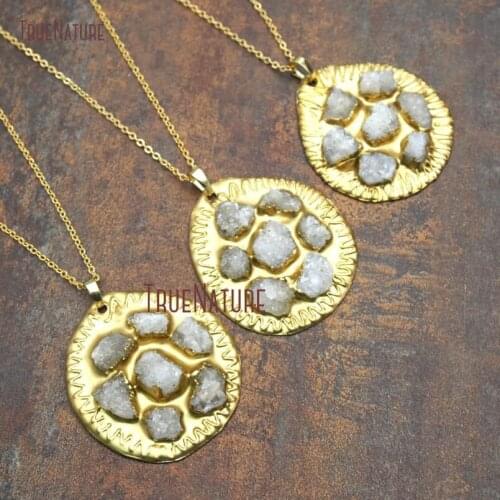 New Design Handmade Agates Druzy Gold Electroplated Hammered Copper Necklace Near Round Shape Charm Necklace In 18 inch NM11188