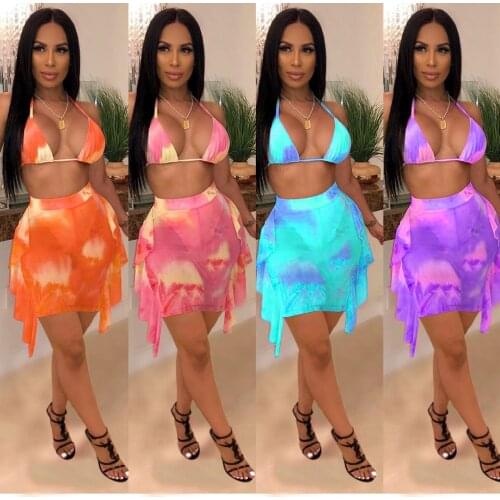 Sexy Bikini Set Women Bra Top Skirt Sets Swimsuit Female Swimwear Print Mesh Bandage Dress Summer Beach Wear Bathing Suits