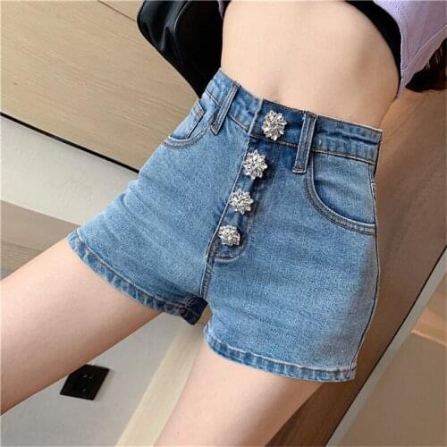 Blue denim shorts High waist sexy bag hip design personality diamond button jeans all-match shorts hot trousers female