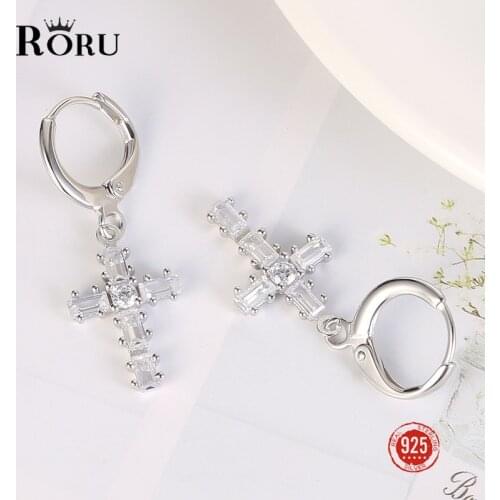 Sterling Silver 925 Shiny Zircon Medium Dangling Crystals Cross Satan Earring with Rhinestones Women Earrings Jewelry for Lady