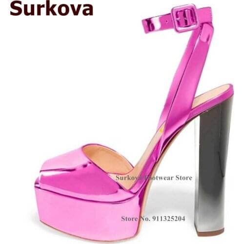 Surkova Glossy Fuchsia Patent Leather Chunky Heel Sandals High Platform Square Buckle Strap Dress Shoes Size46 Open Toe Pumps