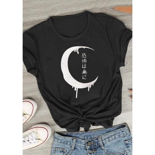 Gothic T-Shirt Women Short Sleeve Japanese and Moon Print Casual Tops Tee Black Streetwear Tumblr Shirt Dark Fashion