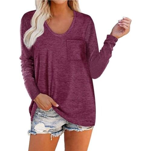 Autumn T-shirt Ladies Pockets Round Collar Striped Bag Long-sleeved Casual Loose TShirt