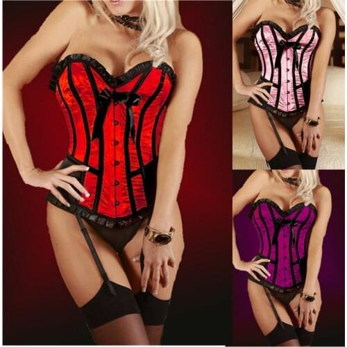 Sexy Red Corset Bustier Lingerie Womens Overbust Satin Boned Corset Front Buckle Bow Lace Up Waist Trainer Burlesque Corset Top