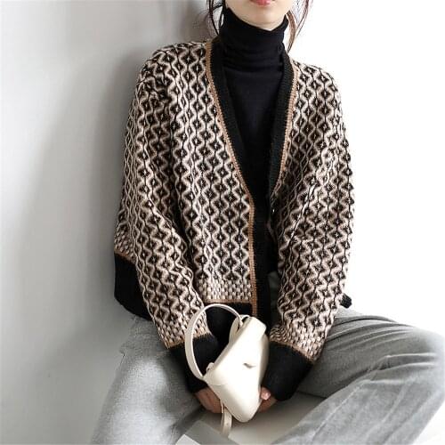 Knitted Clothes Loose V Neck Knitwear New 2020 Autumn Winter Fashion Argyle Cardigan Women Vintage Sweaters Long Sleeve