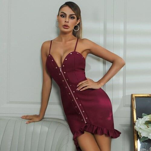 Free Shipping Wholesale 2021 Womens Dress sleeveless Spaghetti Strap Deep V-Neck Sexy Celebrity Cocktail Party Bandage Dress