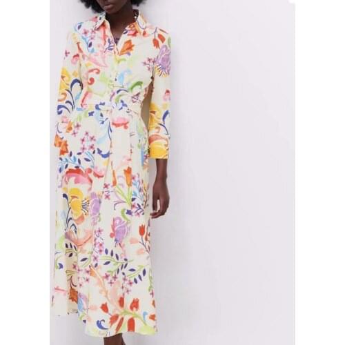 2021 New Popular Floral Print Women Dress Turn-down Collar A-Line 3/4 Sleeve Single-breasted Mid-Calf Shirt Dress Streetwear