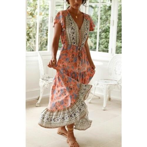 Women Sexy V Neck High Split Long Dress 2020 Print Flare Sleeve bohemian dress Ladies rayon cotton Boho Maxi Dress Vestido