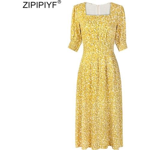 2020 Summer Fashion Half Sleeve Flowers Printed Party Dress Sexy Square Collar High Waist Slim Mid-Calf Elegant Dresses Vestidos