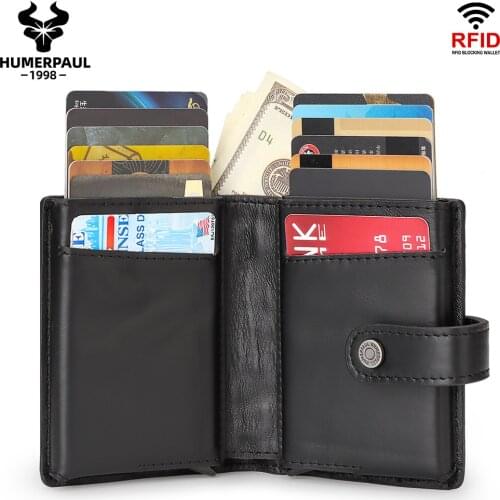 2021 RFID Credit Card Holder Men Wallet Bussiness Metal Retro Aluminium Pop up Money Bag Genuine Leather Bank Cardholder Case