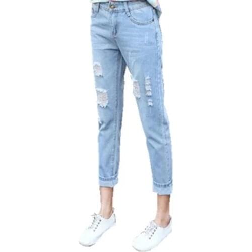 B2371 spring summer 2019 new women fashion thin baggy beggar big size Nine-point broken hole jeans cheap wholesale