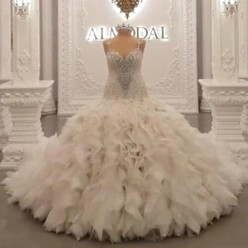 Ball gown wedding dresses fit and flare ruffle crystal chapel train bridal dresses beaded wedding gowns flowers bridal dress