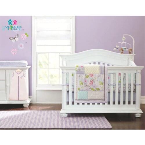 Cotton Baby Bed Bumpers Light Purple Dream Butterfly Embroidery Baby Girls Bed Sheet Quilt Bed Skirt Cartoon Lovely Bedding Set