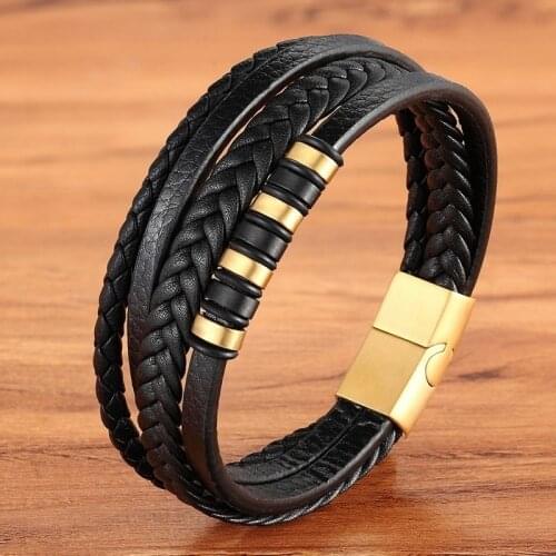 Multilayer Leather Woven Gold Stainless Steel Magnetic Buckle Charm Bracelets for Men