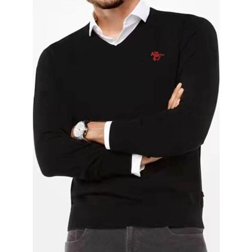 Spring Mens Long Sleeve V-neck Pullover 100% Cotton Knitted Embroidered Horse Logo Sweater Polo Shirt Solid Color Knitted Top