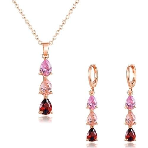 MxGxFam Rose Gold Color Multicolor Water Drop Earring and Pendant Necklace Jewelry set For Elegant Women High Quality AAA