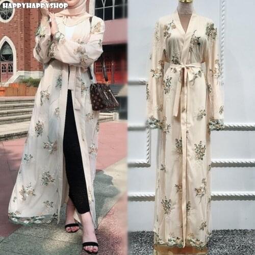 New Lace Embroidery Dress Dubai Kimono Floral Cardigan Women Muslim Islamic Abaya Kaftan Lace Up Robe Women&Ladies Clothing