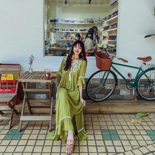 2020 European And American Dress Tassel v Neck Beach Dress Embroidered Holiday Dress Bohemian Style Retro Dress