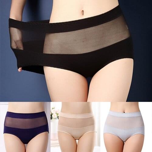 Sexy Mesh Mid-high-waist Briefs for Women Plus Fat Plus Size 100kg Mid-high-waist Cotton Crotch Transparent and Comfortable Sexy