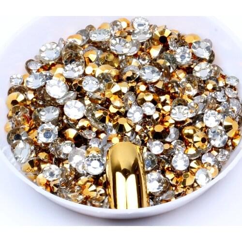 Gold Color Non Hotfix Resin Rhinestones 2-6mm And Mixed Sizes Round Flatback Glue On Diamonds DIY 3D Nail Art Decoration