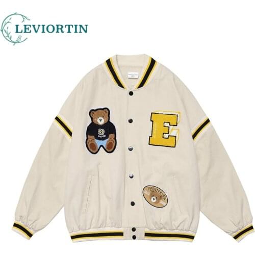 Spring Autumn American Vintage Baseball Jacket Coat For Men Fashion Vibe Loose Couple Hip Hop Letter Embroidery Cute Bear Jacket