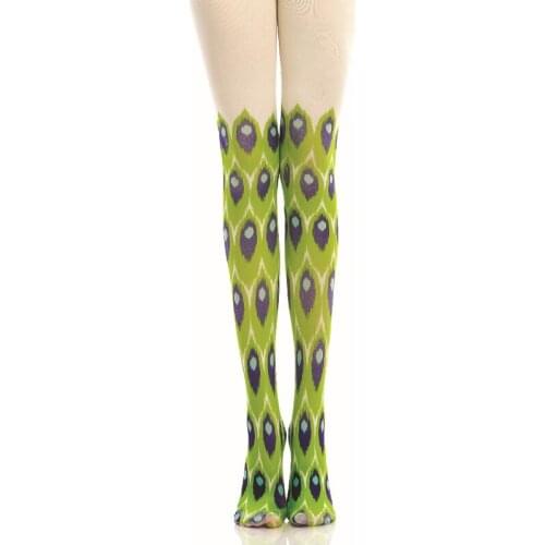 Bright Green Peacock Feather Printing Pantyhose Bottoming