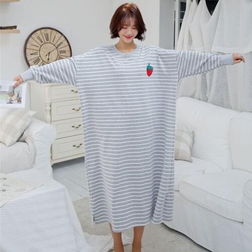 100% Cotton Long Sleeve Striped Fruit Pineapple Nightgown Round Neck Night Gown Plus Size Woman Night Sleepwear