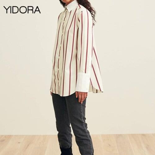 High-end 2018 Cotton Women Oversized Silhouette Shirt Top Contrast Cuffs & Collar Features Embroidered Detail & Burgundy Stripes