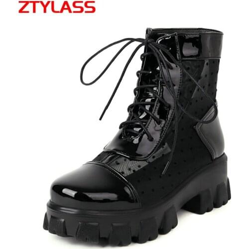 2021 New Spring Summer Round Toe Ankle Boots Women Lace Up Platform Breathable Mesh Boots Ladies Thick High Heel Short Boots