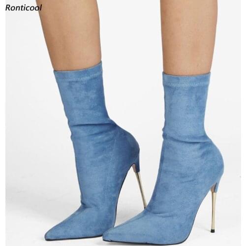 Ronticool Handmade Women Spring Flexible Ankle Boots Stiletto Metal Heels Pointed Toe Black Red Sky Blue Party Shoes Size 35 45