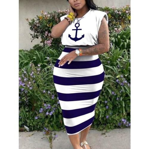Zoctuo White Blue Striped Print Skirts Sets For Women Summer Club Sleeveless Top Skirt Suit 2 Piece Plus Size Fashion Outfits