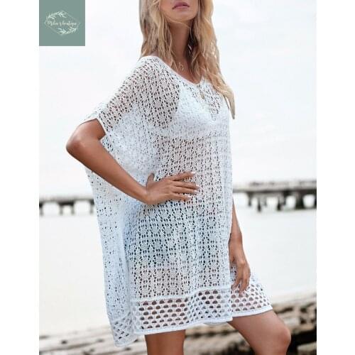 2021 New summer blouse seaside holiday hollow out overall mesh beach dress bikini cover women sexy beach wear chic beach dress