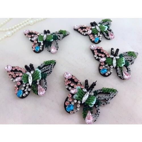 3 Pieces 3D Butterfly Patches Handmade Rhinestones Beads Patches Green Pink Beads Patches Sew On Clothes Applique Bag Hat Shoes