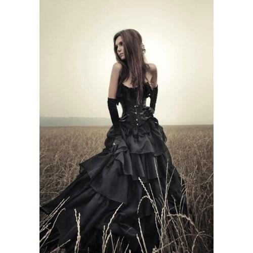 Black gothic lace-up Wedding Dresses Layers A Line Strapless Slim Corset Top Basque Skirt Halloween Costumes Wedding Gowns