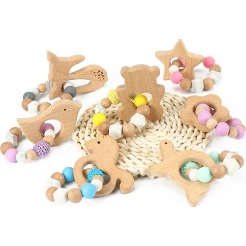 Baby Wood Silicone Beads Baby Rattle Stroller Accessories Toys Beech Wooden Baby Bracelet Animal Shaped Jewelry Teething