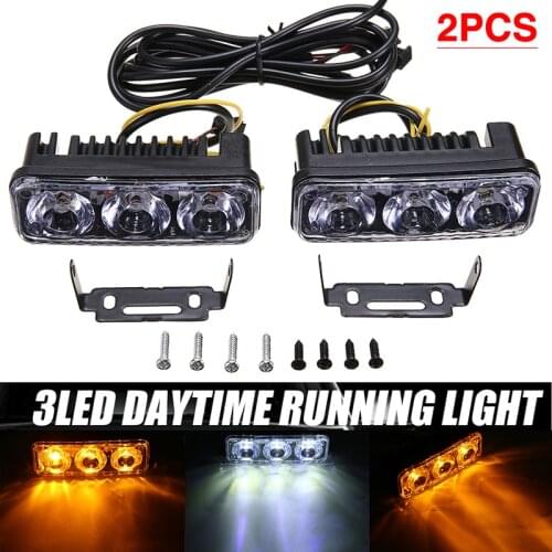 2pcs 3 LED Amber & White 12V Daytime Running Light Car Turn Signal Indicator Lamps with Mounting Brackets for Car Lighting