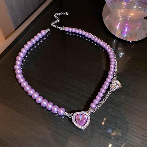 FYUAN Korean Style Purple Heart Crystal Choker Necklaces for Women Pearl Necklaces Party Jewelry