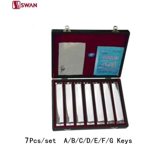7Pcs/set Swan Harmonica 24 Hole 7 Tune set packing sliver color Tremolo Harp with Gift Box Mouth Organ for Collect