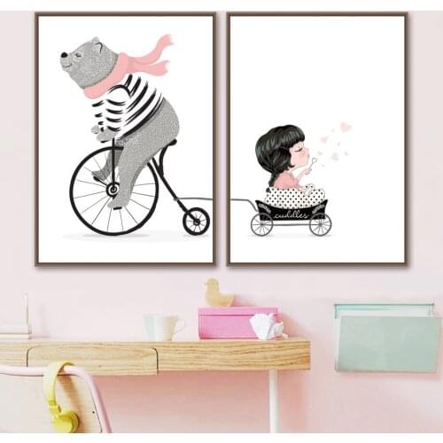 Cartoon Bear Girl Basket Cart Whale Canvas Painting Wall Art Poster and Print Wall Picture Home Decoration for Living Room Home