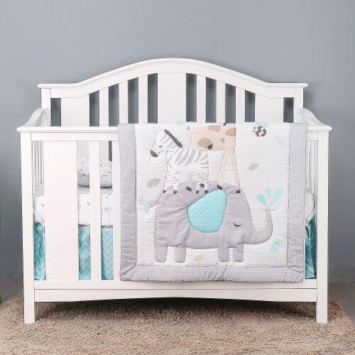 3PCS Crib Bedding Set Nursery Bedding 3D Elephant Cotton Baby Bed Linens Cotton Infant ,Fitted Sheet, Crib Quilt, Dust Ruffle