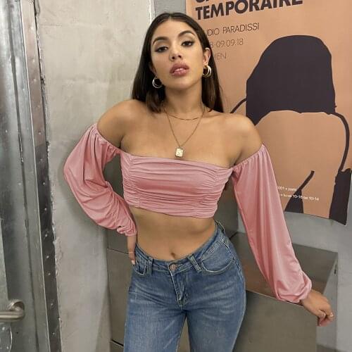 Summer Solid Crop Tops Sexy Women Short Tops Long Sleeve Slash Neck Basic T-Shirts Fashion High Street Party Club Tees 4 Colors