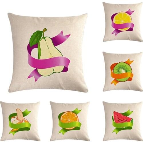 Fruit Ribbon Cushions Cover Apple Peach Orange Kiwi Home Decor Linen Pillow Cover Decorative Throw Cushion Cover ZY597