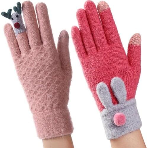 2018 New autumn and winter thickened warm ladies wool knitting keyboard touch screen gloves cartoon deer