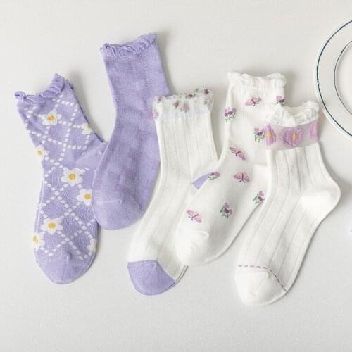 OMEA Purple Ruffle Socks Girls Floral Frilly Cute Socks Casual Plaid Socks Women Cotton White Ankle Socks Middle Tube Mori Girl